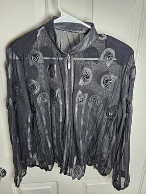 BELGIN FRANCIS Sheer Mesh Zip-Up Jacket Leather Leaves Rosettes Size: L